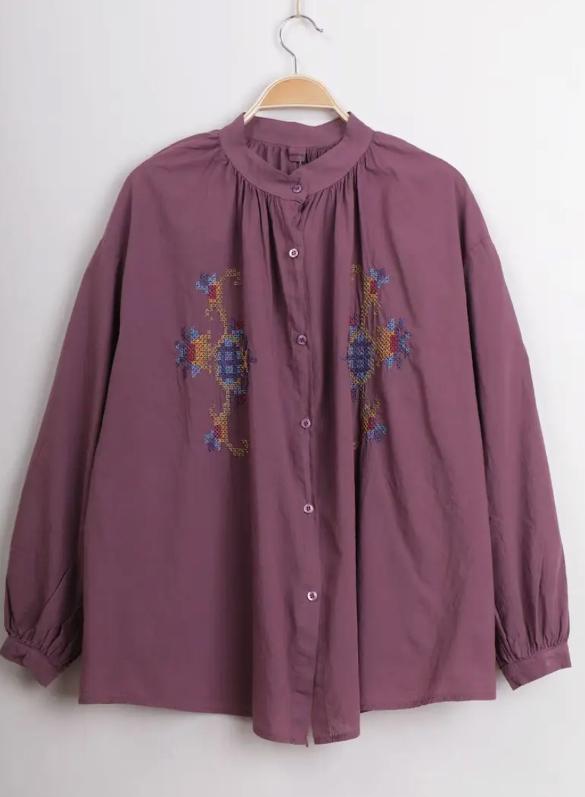 Chemise brodée col rond Maria prune-Trendy Faubourg