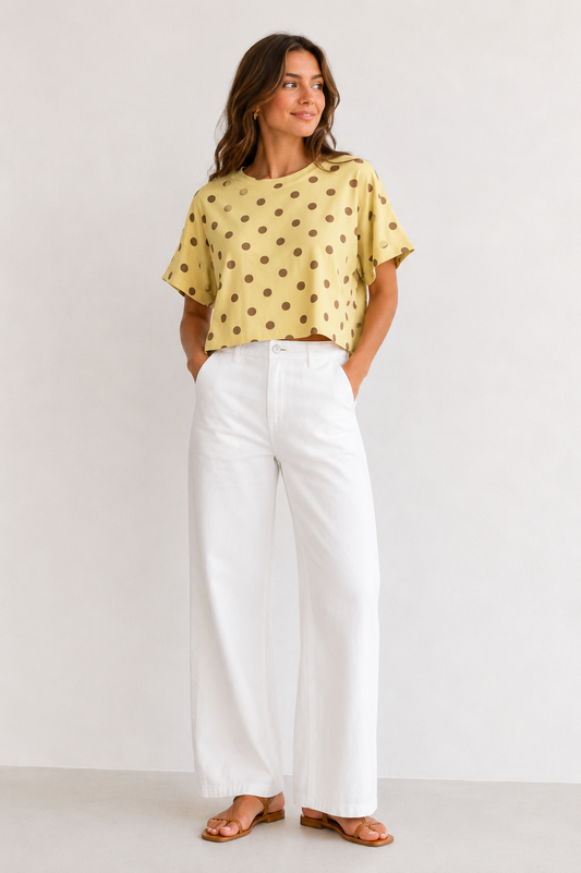 Tee shirt jaune paille Lina à pois choco