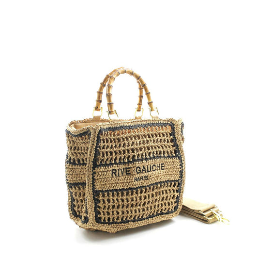 CROCHET Sac à main avec poignées en bambou RIVE GAUCHE: Taupe-Noir