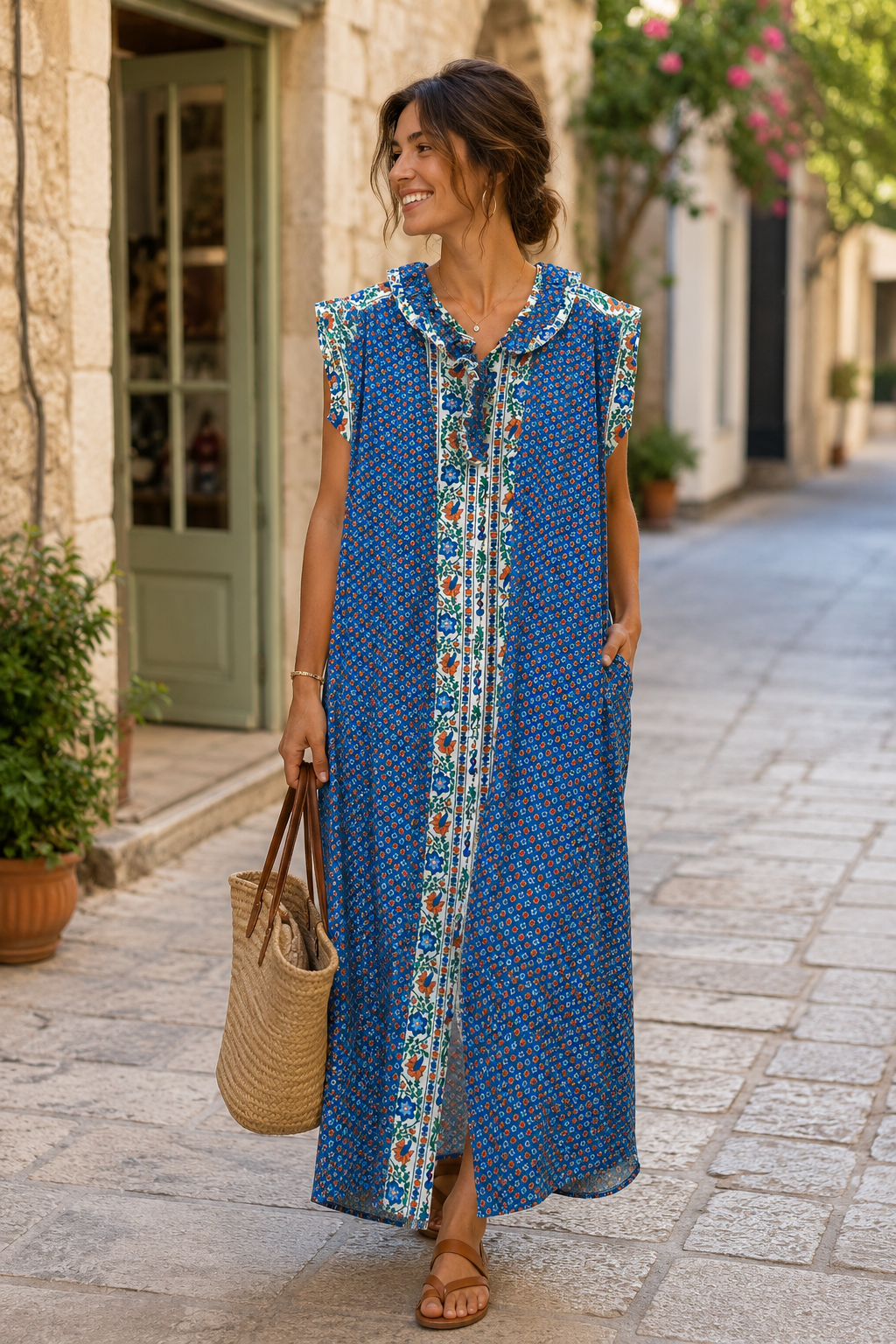 Robe chemise provençale bleue-Johanna Paris