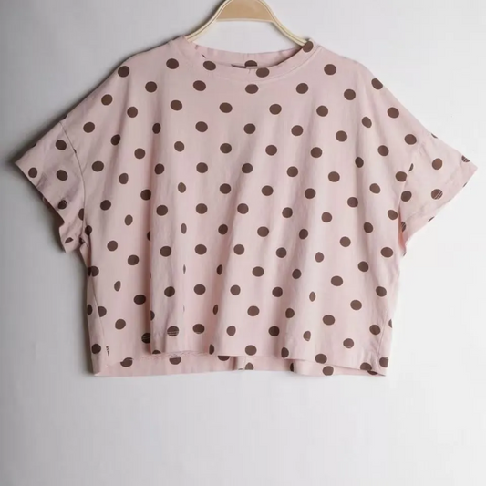 Tee shirt rose clair Lina à pois choco