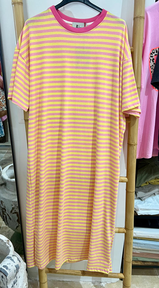 Robe tee shirt rayée jaune et tose-Johanna Paris