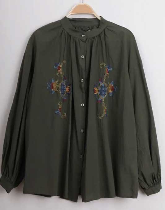 Chemise brodée col rond Maria kaki-Trendy Faubourg
