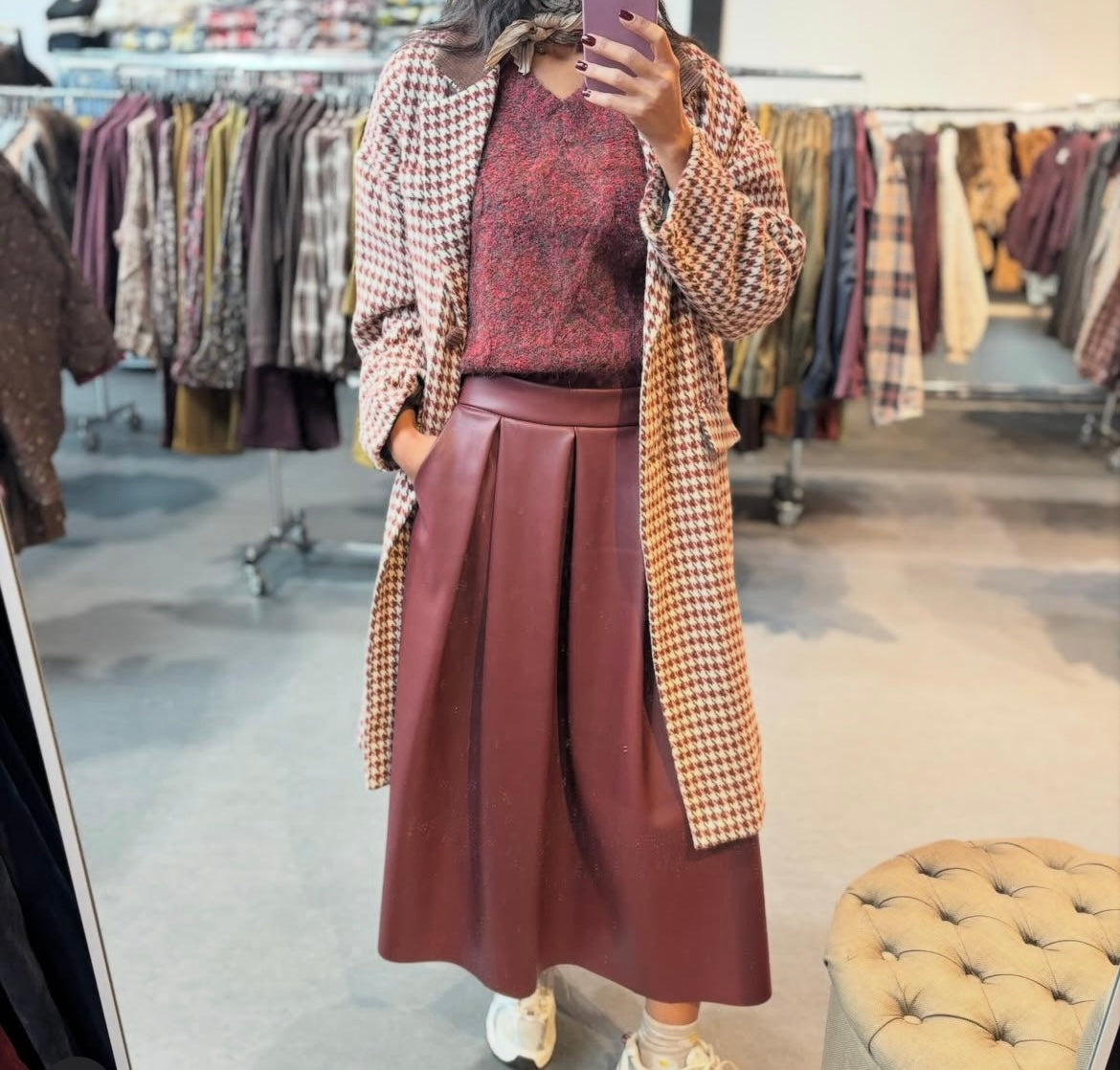 Vente privée-jupe longue Mia en simili cuir bordeaux-Johanna Paris