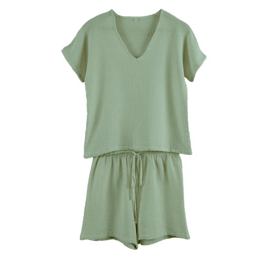 Nouveau-Ensemble Short et Tee Shirt SYMI en Gaze Lin et Coton-Haomy